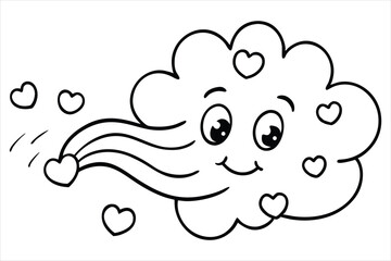 Groovy cloud blowing wind with floating smiley faces and hearts