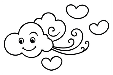 Groovy cloud blowing wind with floating smiley faces and hearts