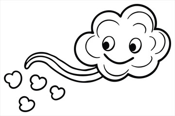 Groovy cloud blowing wind with floating smiley faces and hearts