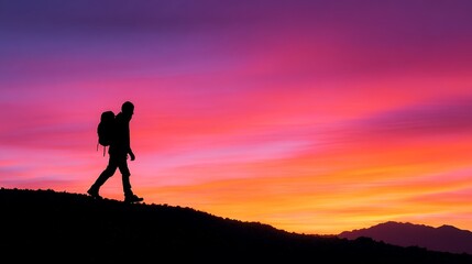 Obraz premium Sunset Hike Silhouette - A lone hiker walks towards a vibrant sunset, symbolizing adventure, freedom, journey, hope, and peace