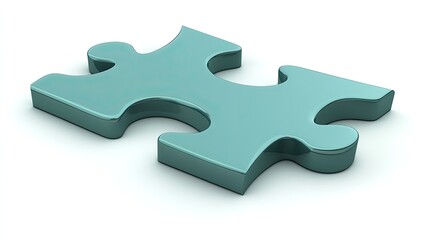 Obraz premium A single, teal-colored puzzle piece, isolated on a white background, showcasing its three-dimensional form and interlocking design