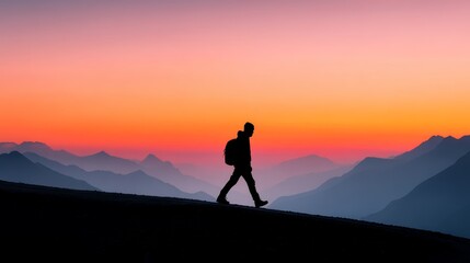 Sunset Hike Silhouette Mountainscape - A lone hiker's silhouette is captured against a vibrant sunset backdrop, symbolizing adventure, freedom, journey, solitude, and peace