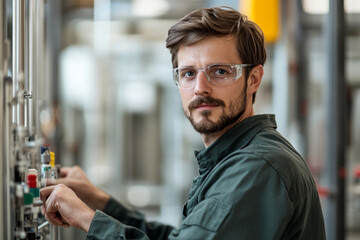 Obraz premium Mechanic fixing industrial machinery in a factory 