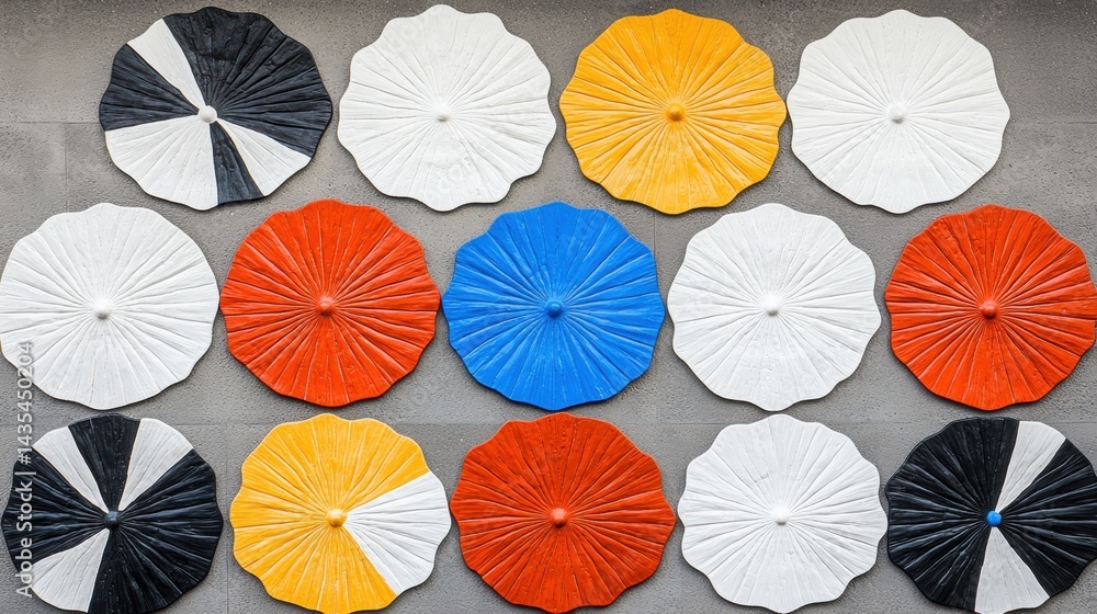 Poster a collection of colorful umbrellas arranged in a grid pattern on a gray wall.