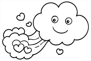 Groovy cloud blowing wind with floating smiley faces and hearts