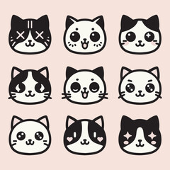 Fototapeta premium A set of cute cat face icons with different expressions and fur patterns 