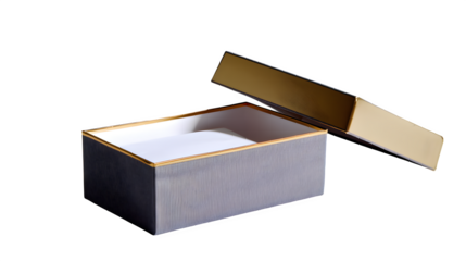 Rectangular gray box with gold trim and white paper inside, partially open lid