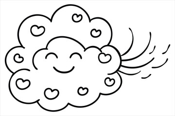 Groovy cloud blowing wind with floating smiley faces and hearts