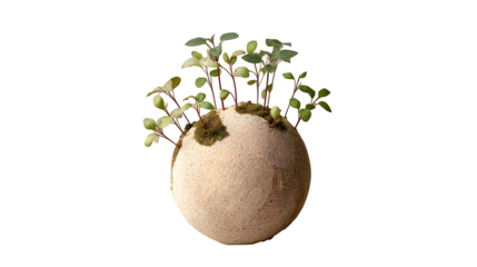 Recycled paper globe with sprouting plants, sustainability concept, top view, minimal aesthetic, light beige background