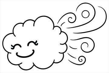 Groovy cloud blowing wind with floating smiley faces and hearts