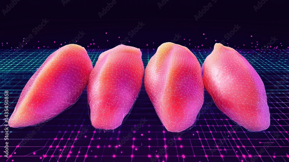Poster vibrant digital representation of four stylized pink objects on a futuristic grid background
