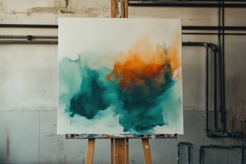 Abstract painting on canvas, teal, orange and white color palette evokes a sense of calm and serenity.