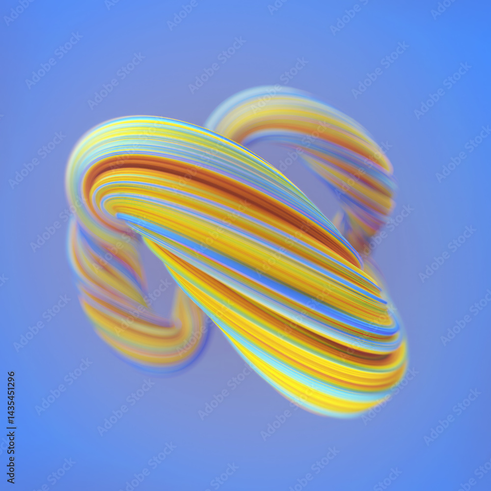 Aufkleber Dynamic digital illustration of three-dimensional ribbons curving into a complex shape. The flowing gradients of delicate pastel colors give the image a softness. 3d rendering