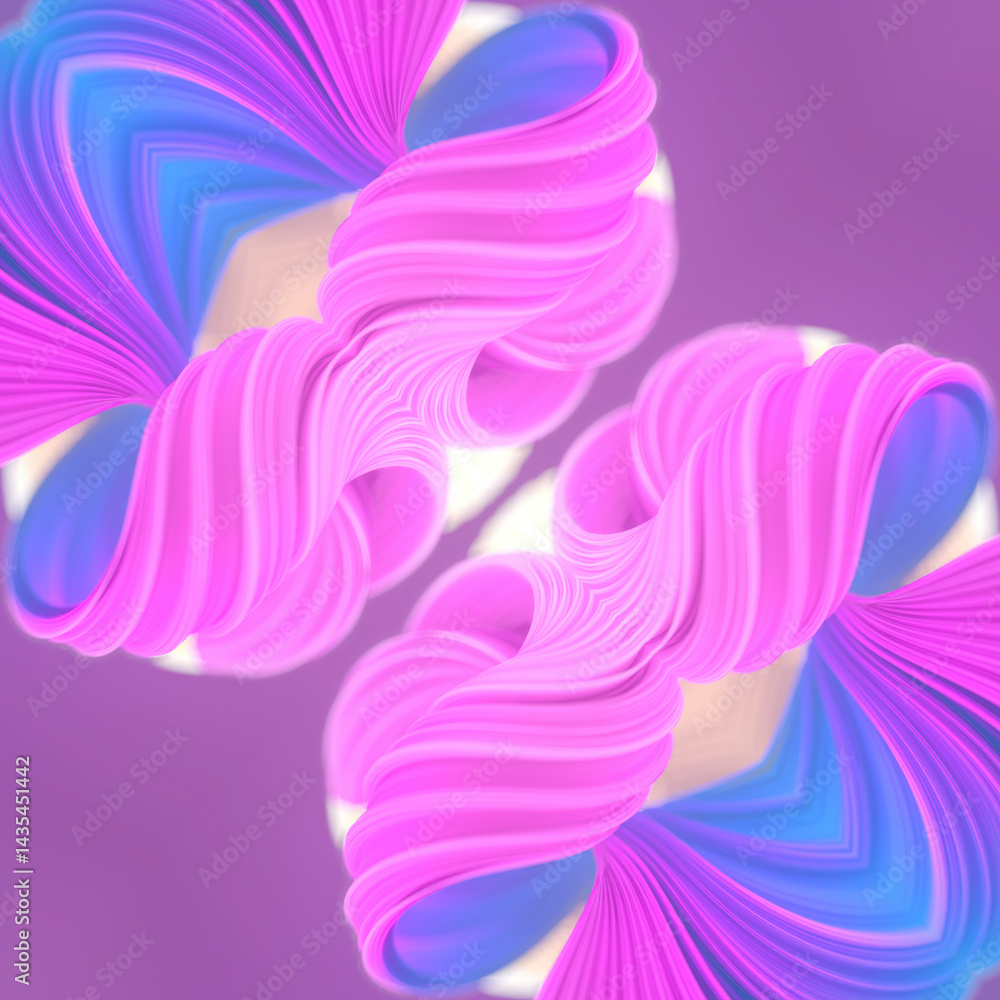 Fototapete Digital illustration with dynamic undulating ribbon-like symmetrical structure. Smooth lines and shimmering pinks and blues create a sense of weightlessness. Futuristic style. 3d rendering