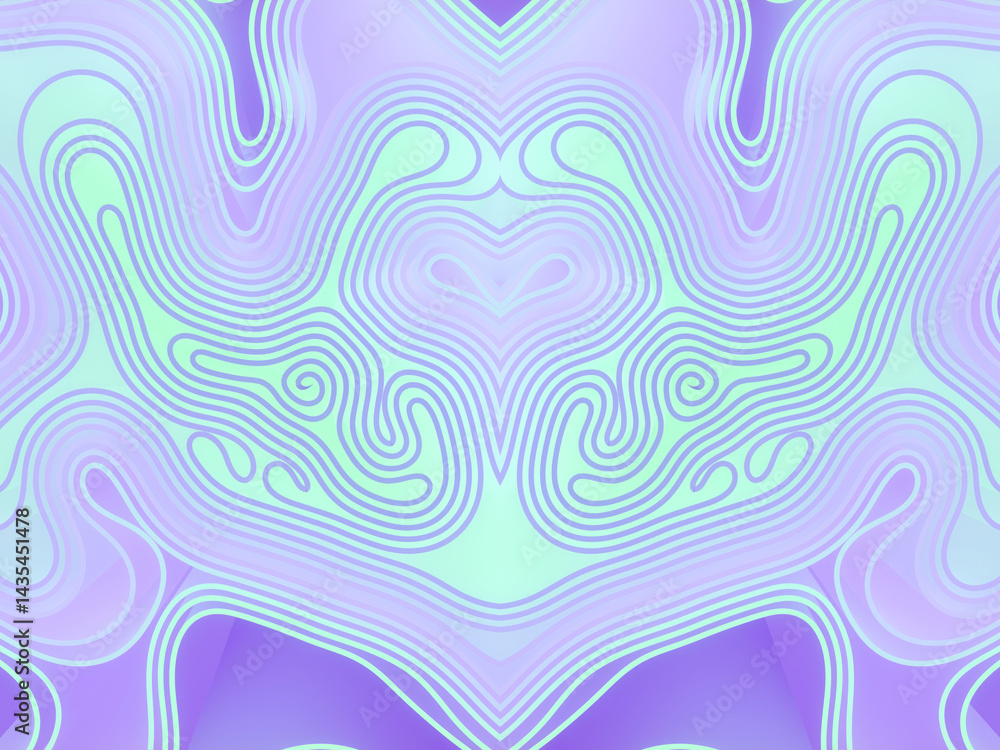 Poster Symmetrical composition with dynamic undulating contours reminiscent of soft folds of fabric. Gradients of purple and vibrant green add depth and mystery. 3d rendering digital illustration