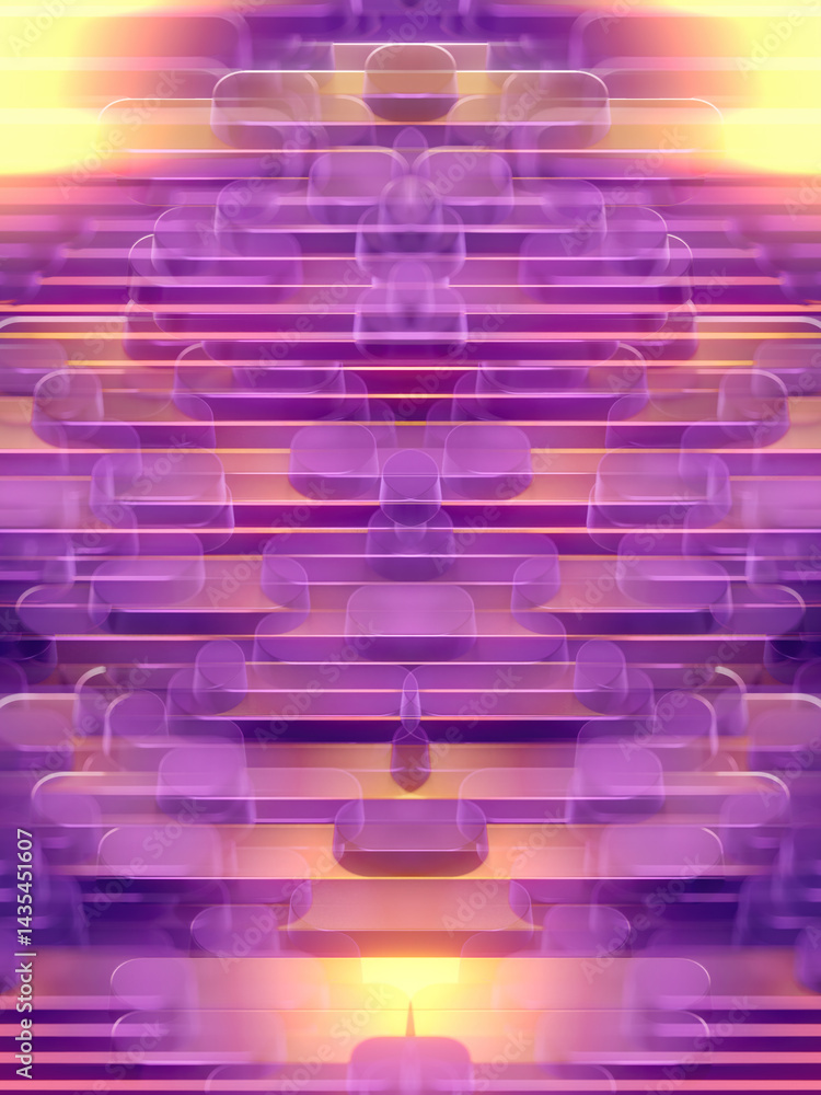 Poster Digital scene with symmetrically arranged rounded columns. Gradients in the orange and purple palette create a sense of softness and mysterious depth. 3d rendering