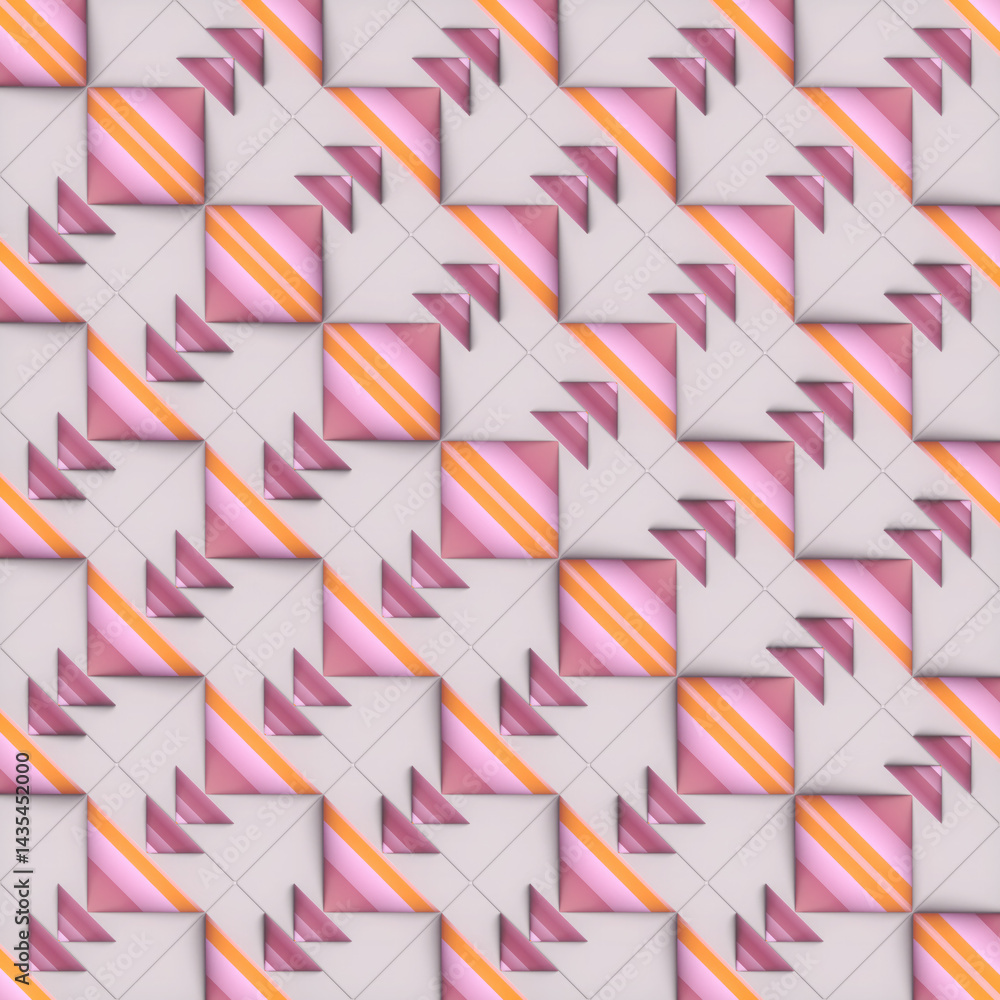 Fototapete Illustration of a symmetrical pattern of striped conical shapes with a pink and purple gradient. The composition creates the illusion of endless motion. 3d rendering