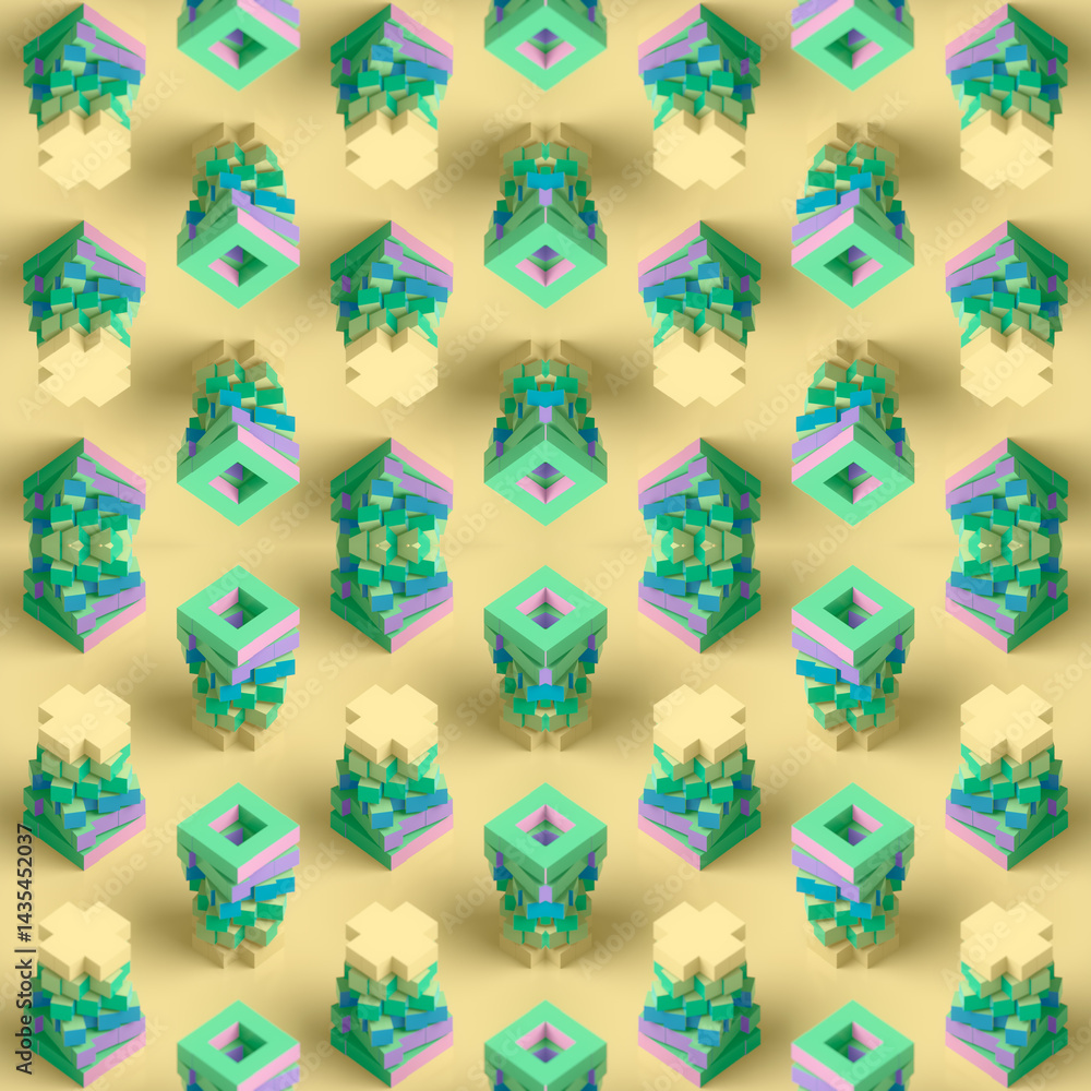 Fototapete Digital illustration shows vertical elements transitioning from cruciform shapes to hollow squares. Bright colors and symmetry emphasize the minimalist and orderly aesthetic. 3d rendering