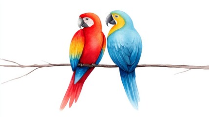 Fototapeta premium Watercolor Parrots on Branch - Two vibrant parrots, red and blue, perched on a branch, symbolize love, freedom, paradise, and exotic beauty. A watercolor painting