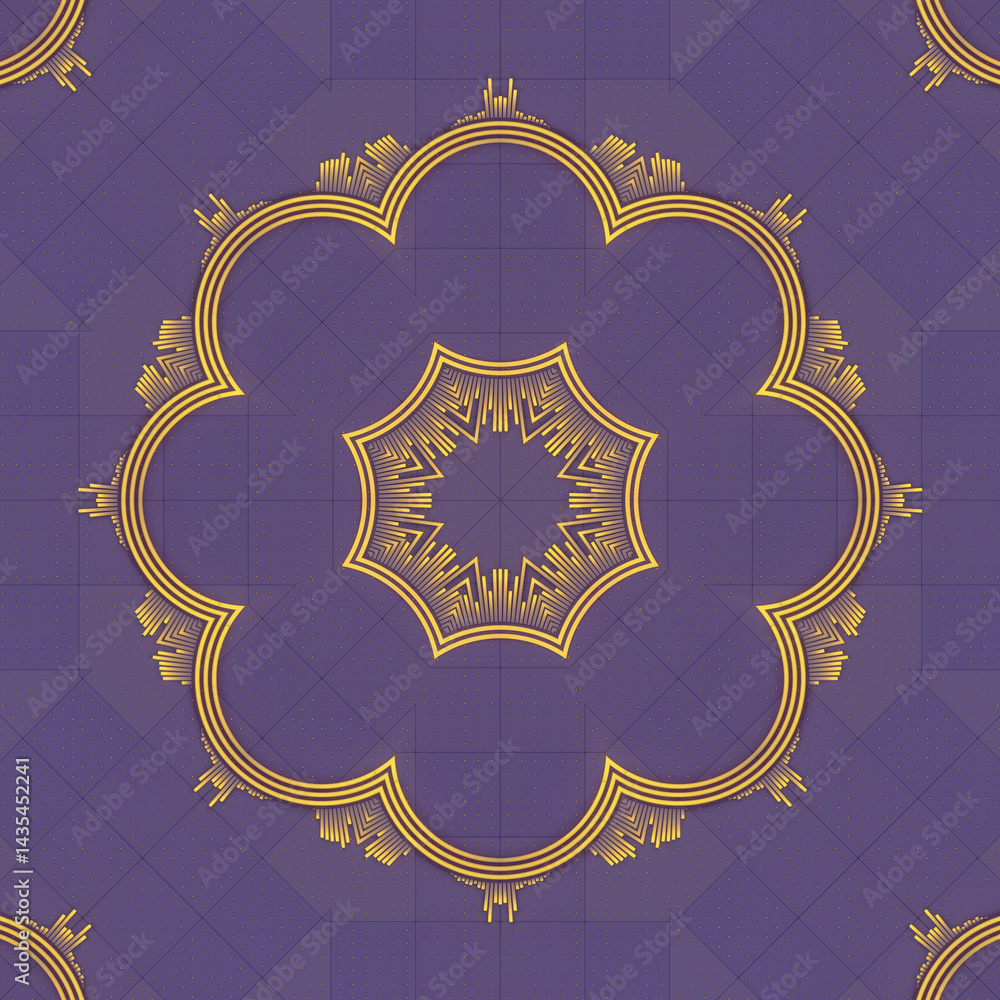 Poster Abstract digital composition in dark purple. Background consists of a grid of dots. Geometric shapes and futuristic. 3d rendering
