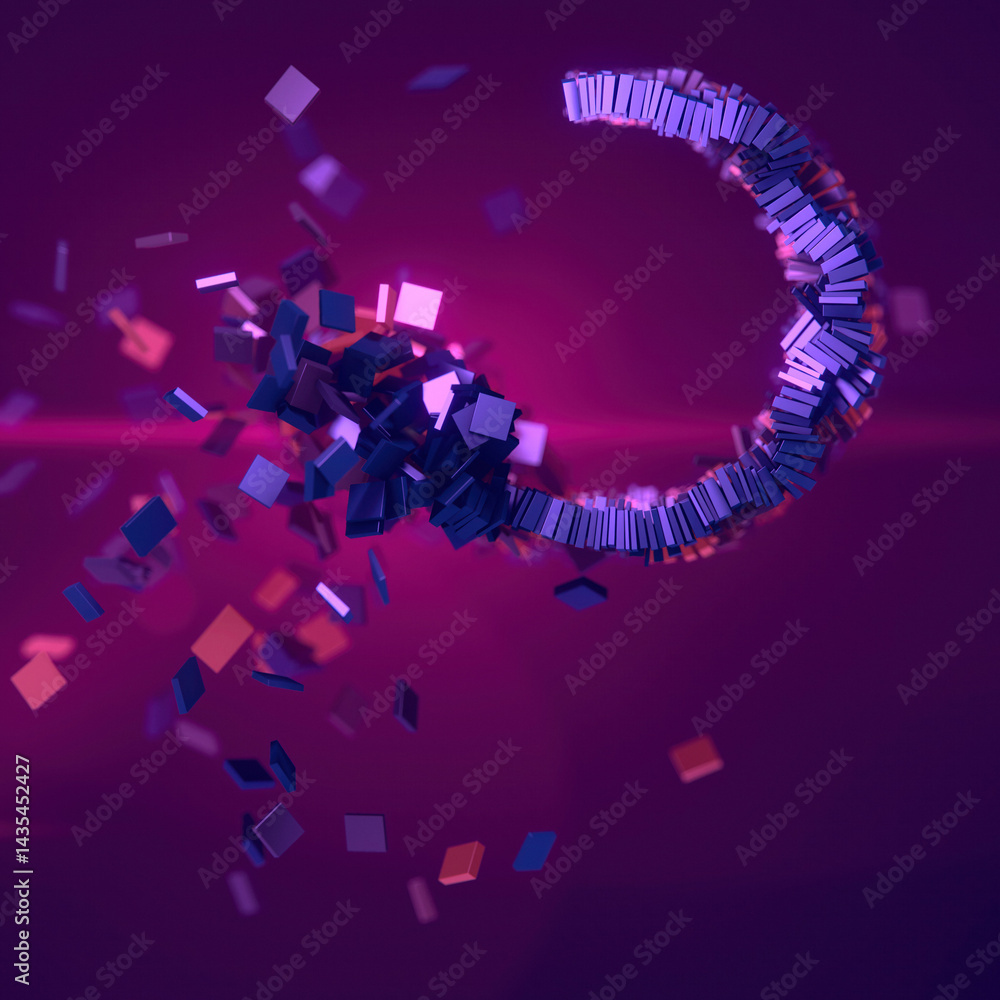 Poster Futuristic digital scene of a gradual formation of a ring of chaotically scattered metallic rectangles illuminated by a flash of pink light. 3d rendering illustration