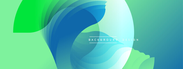 Abstract layers, vibrant green, blue hues create flowing design. Soft gradients, modern aesthetic, clean composition.