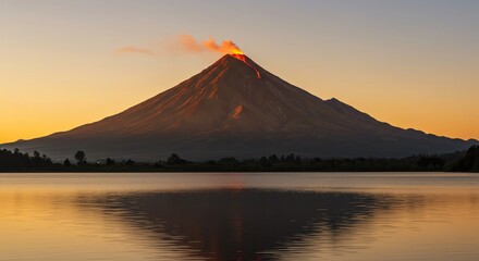 Erupting Volcano Reflected in Lake at Sunset Mountain Landscape