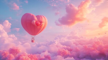 Obraz premium A whimsical, heart-shaped hot air balloon floats through a pastel sky.