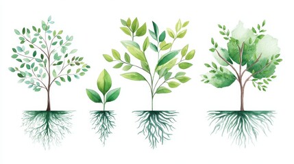 Watercolor Trees and Saplings with Roots - Four watercolor illustrations of trees and saplings, showcasing their roots. Perfect for nature, growth, and environmental themes