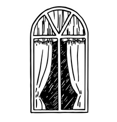 Closed window isolated on white background. Window of a residential building with curtains. hand drawn sketch illustration