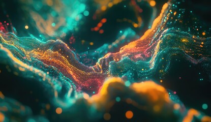 Fototapeta premium Vibrant, swirling particles form abstract landscape