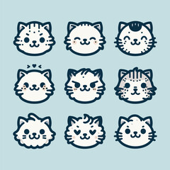 A set of  cute cat face icons with different expressions and fur patterns 