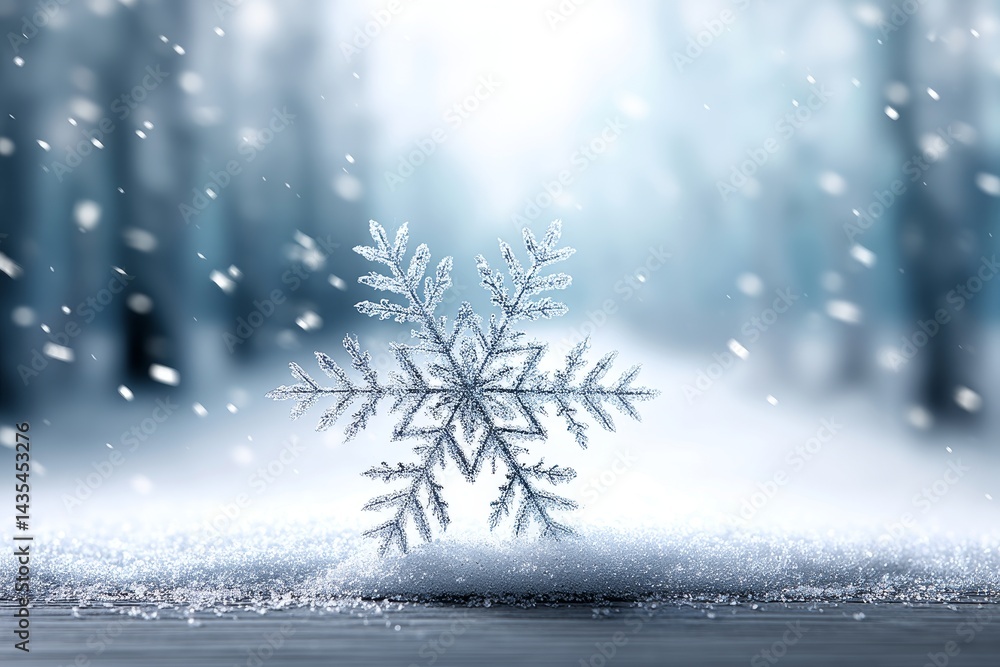 Poster winter wonderland snowflake - a single, frosted snowflake rests on a snowy surface, symbolizing wint