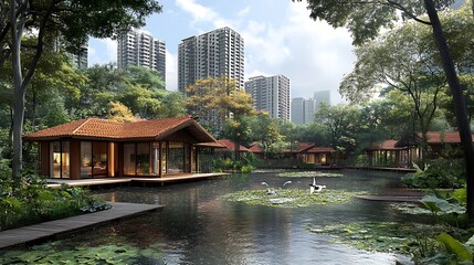 Obraz premium Tranquil lake houses nestled in urban greenery