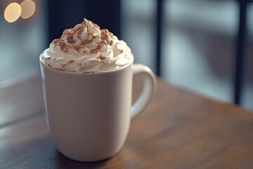 A steaming mug of hot chocolate, topped with whipped cream and cinnamon