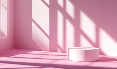 3D rendering of white cosmetic products on a pink background with shadows from a window. Mockup for design, packaging template concept. Blank mock-up for branding and package presentation. No text. 