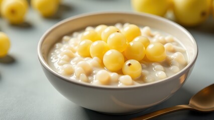 A bowl of creamy, white bean soup topped with vibrant yellow grapes, served elegantly on a wooden surface