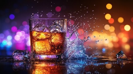 Whiskey or brown liquor cocktail with ice and splash
