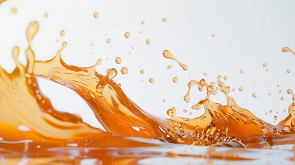 A rich splash of hot caramel, droplets forming elegant arcs against a clean white background.