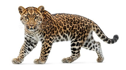 Fototapeta premium A majestic leopard strides, its spotted coat vibrant against a stark white background