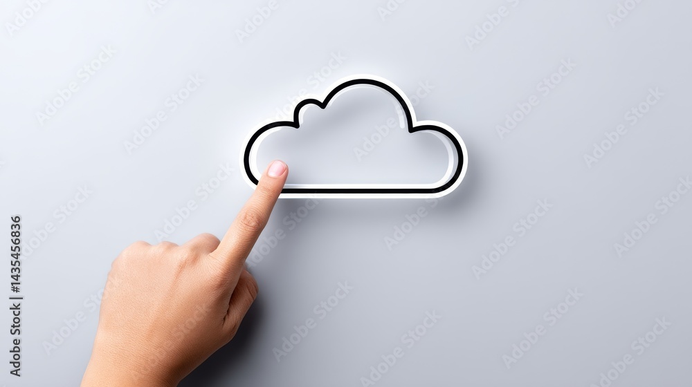 Poster cloud computing access - hand pointing at a cloud icon, symbolizing cloud computing access and stora