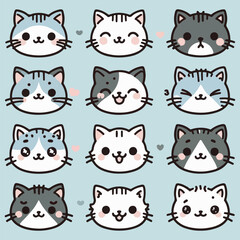 A set of  cute cat face icons with different expressions and fur patterns 