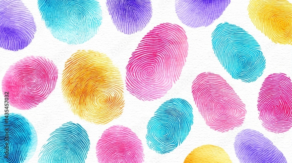 Poster colorful fingerprint pattern - a vibrant collection of multicolored fingerprint shapes on a white ba