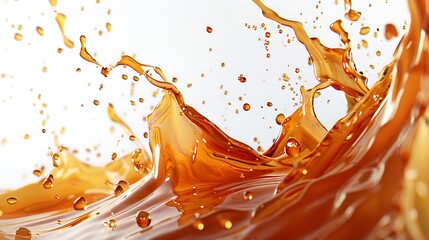 A rich splash of hot caramel, droplets forming elegant arcs against a clean white background.