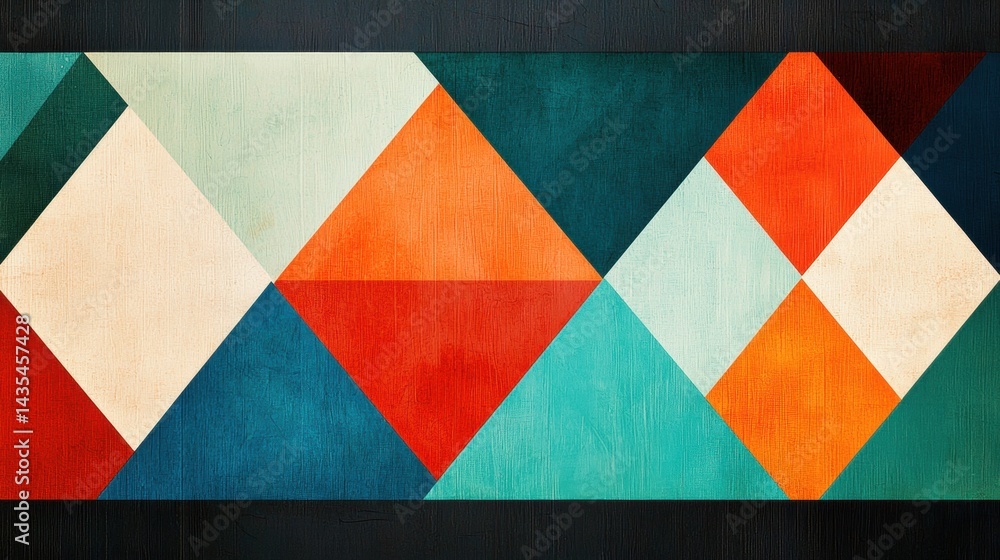 Poster a geometric pattern of overlapping diamonds in various colors and shades.