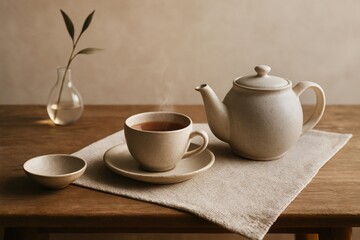 Fototapeta premium still life with tea set on rustic table and natural linen
