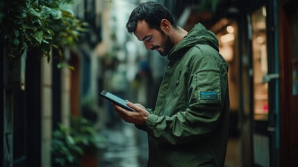 Man in green jacket uses tablet in rainy alleyway, absorbed in screen.