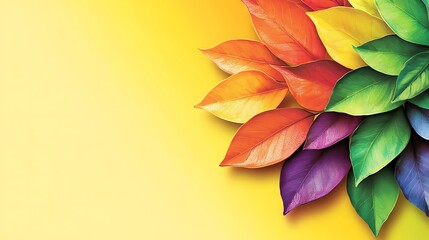 Rainbow Leaves on Yellow Background.