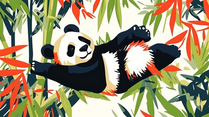 Panda relaxing in bamboo forest.