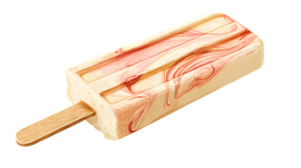 Vanilla popsicle with strawberry swirl, drawn with wooden stick detail on a transparent background